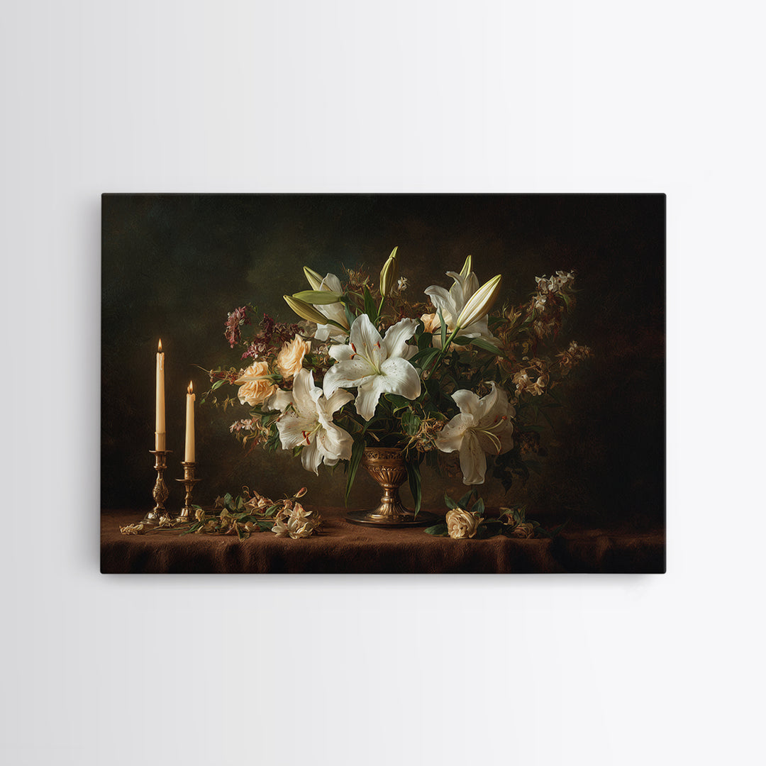 White Lilies on Dark Background Canvas Print, Traditional Art, Canvas, Living Room Decor, Watercolor Art, Classic, Furry Art, TRA-3x2-67