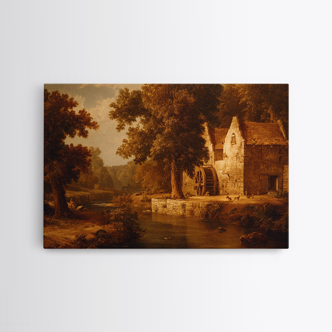 Watermill Beside a Quiet Stream Framed Canvas Print, Traditional Art, Gallery Decor, Living Room Decor, Fine Art, Classic, TRA-3x2-69
