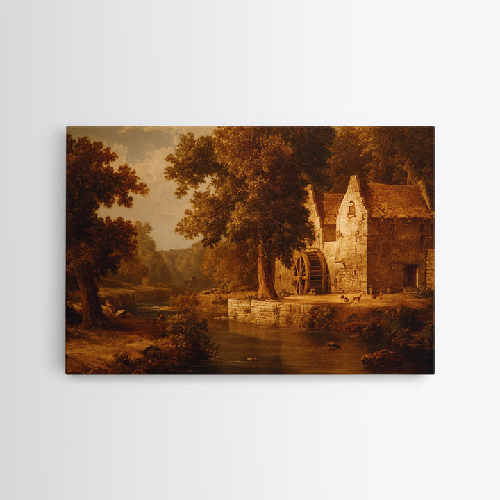 Watermill Beside a Quiet Stream Framed Canvas Print, Traditional Art, Gallery Decor, Living Room Decor, Fine Art, Classic, TRA-3x2-69