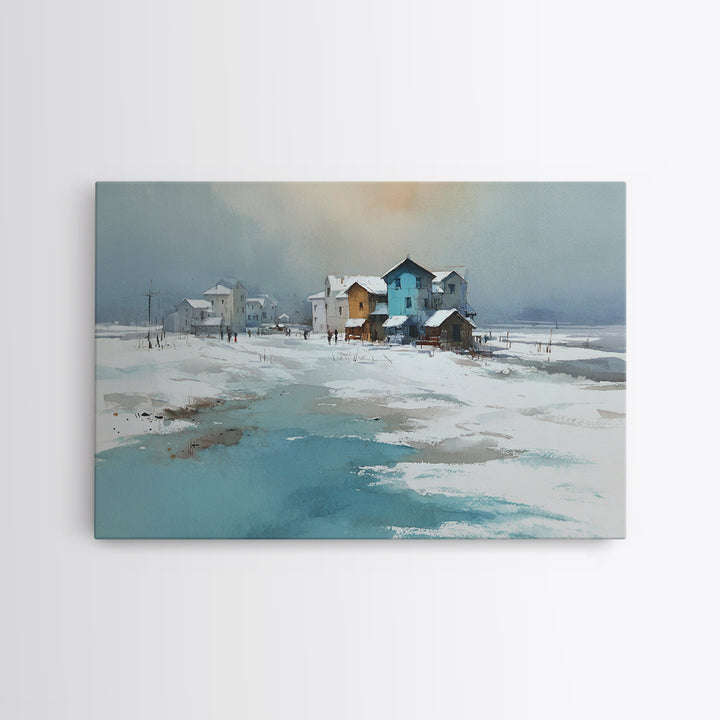 Snowy Village Landscape at Twilight Framed Canvas Print, Traditional Art, Pokemon Poster, Living Room Decor, Watercolor Art, TRA-3x2-71