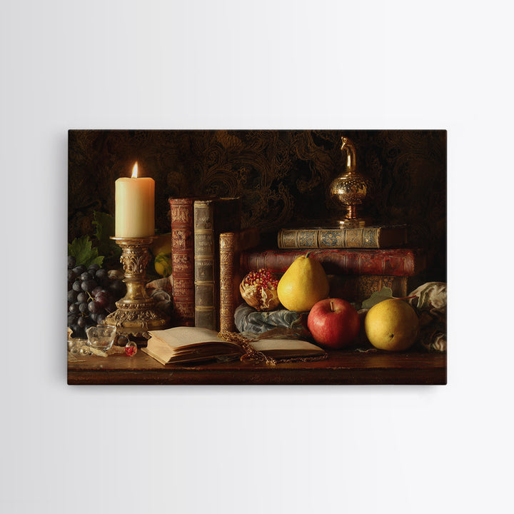 Still Life of Books Candle and Fruit Canvas Print, Traditional Art, Contemporary Art, Living Room Decor, Fine Art, Classic, TRA-3x2-72