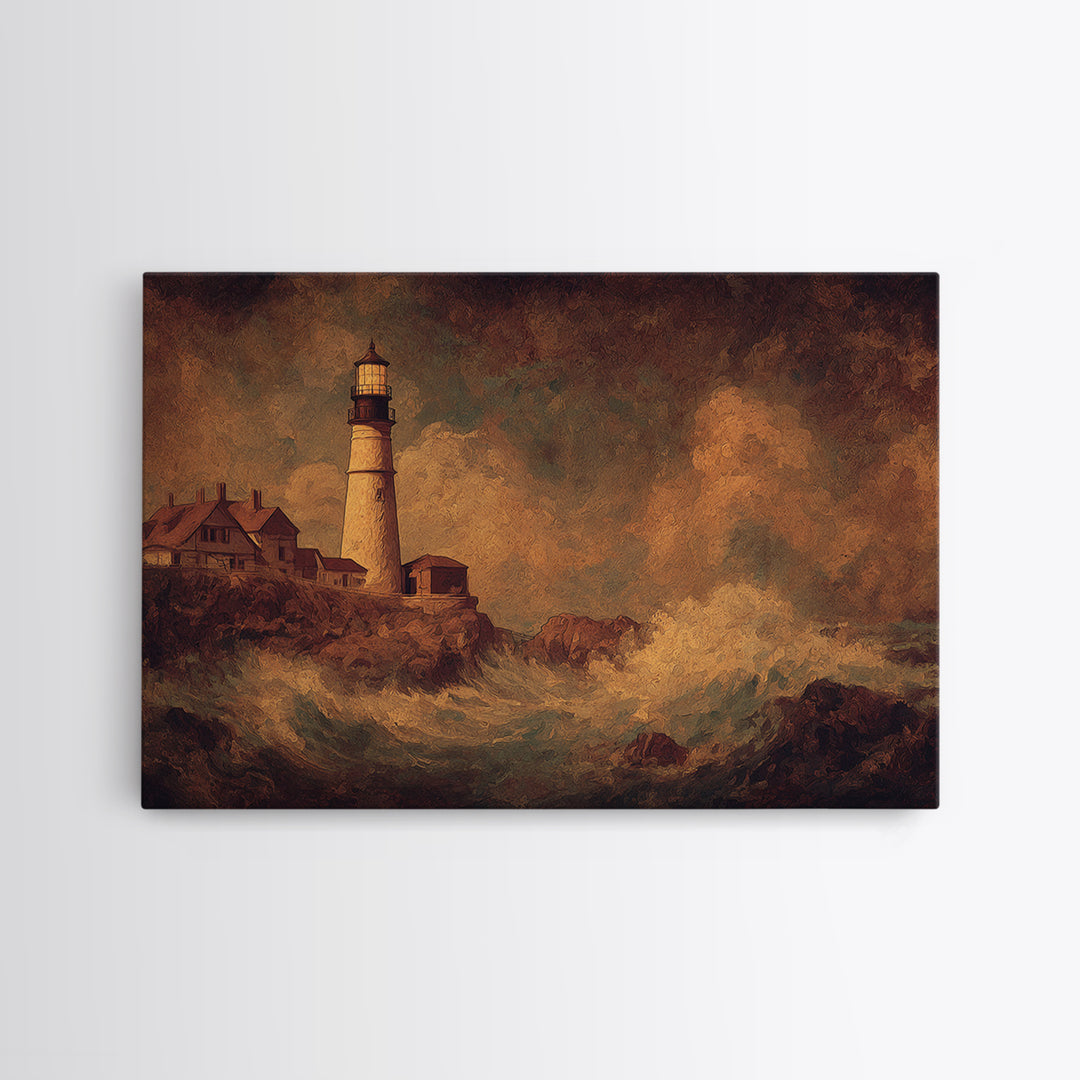 Lighthouse with Crashing Waves Canvas Print, Traditional Art, Neutral Decor, Living Room Decor, Fine Art, Classic, Home Decor, TRA-3x2-73