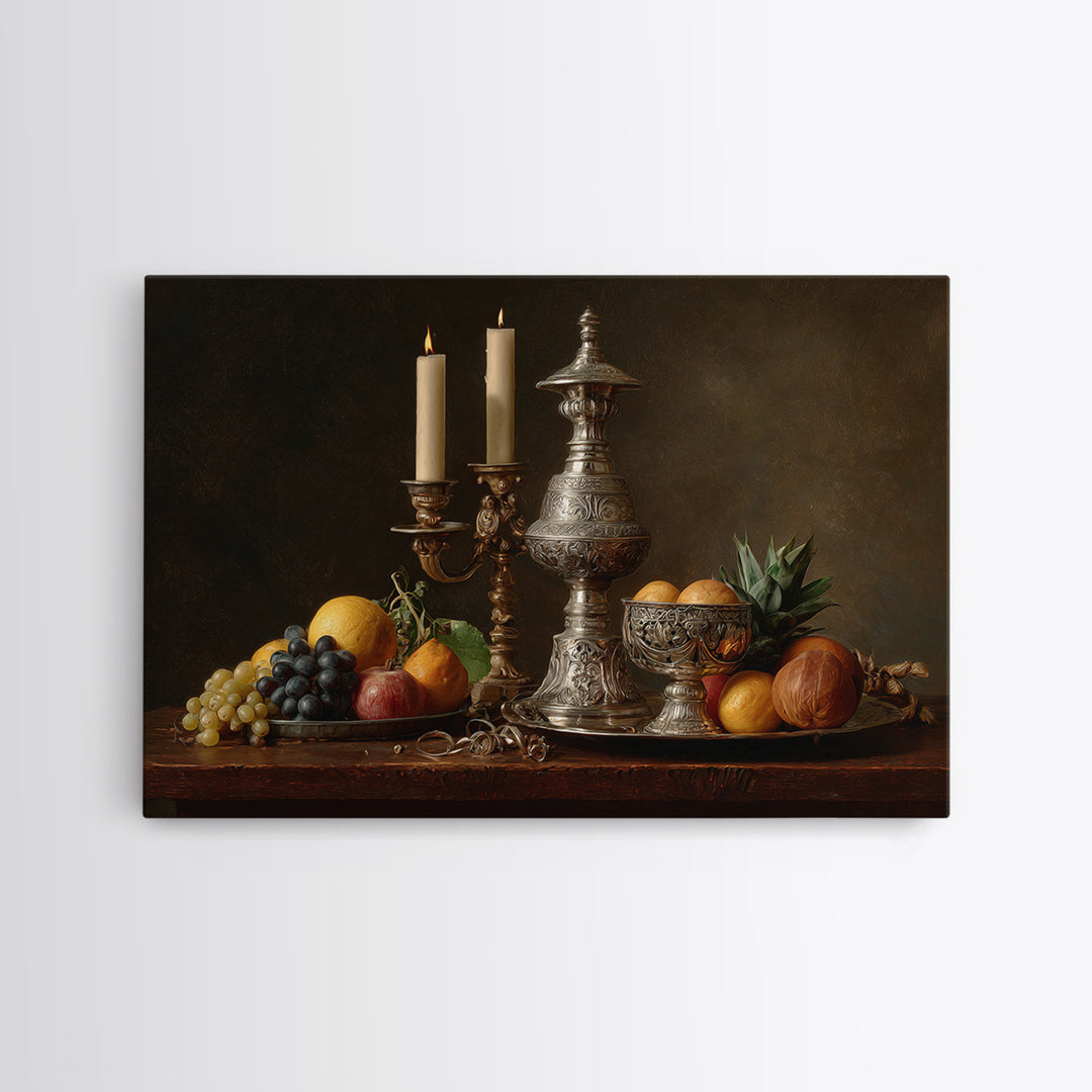 Dutch Fruit and Silver Goblet Still Life Framed Canvas Print, Traditional Art, Furry Art, Living Room Decor, Oil Painting, TRA-3x2-8