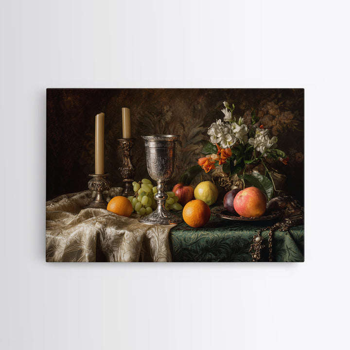 Dutch Fruit and Silver Goblet Still Life Framed Canvas Print, Traditional Art, Living Room Decor, Watercolor Art, Classic, TRA-3x2-80