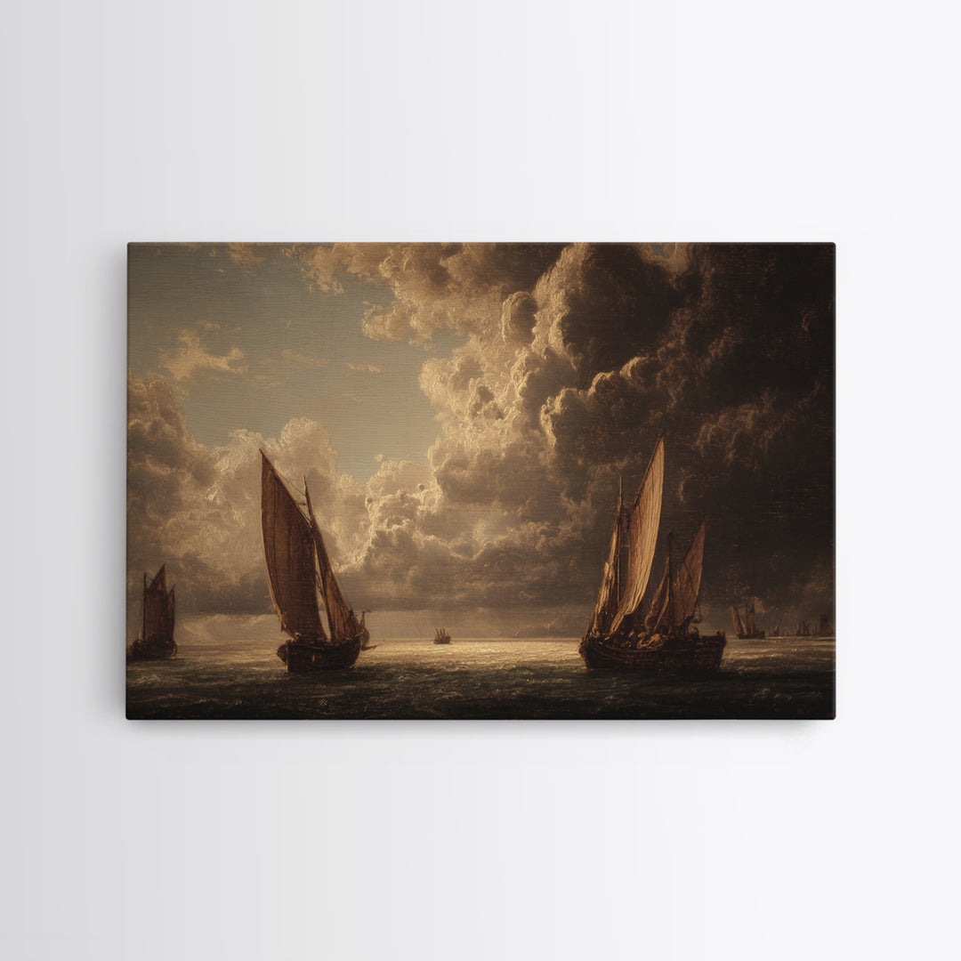 Seascape with Sailboats and Cloudy Sky Framed Canvas Print, Traditional Art, Watercolor Art, Living Room Decor, Classic, TRA-3x2-9