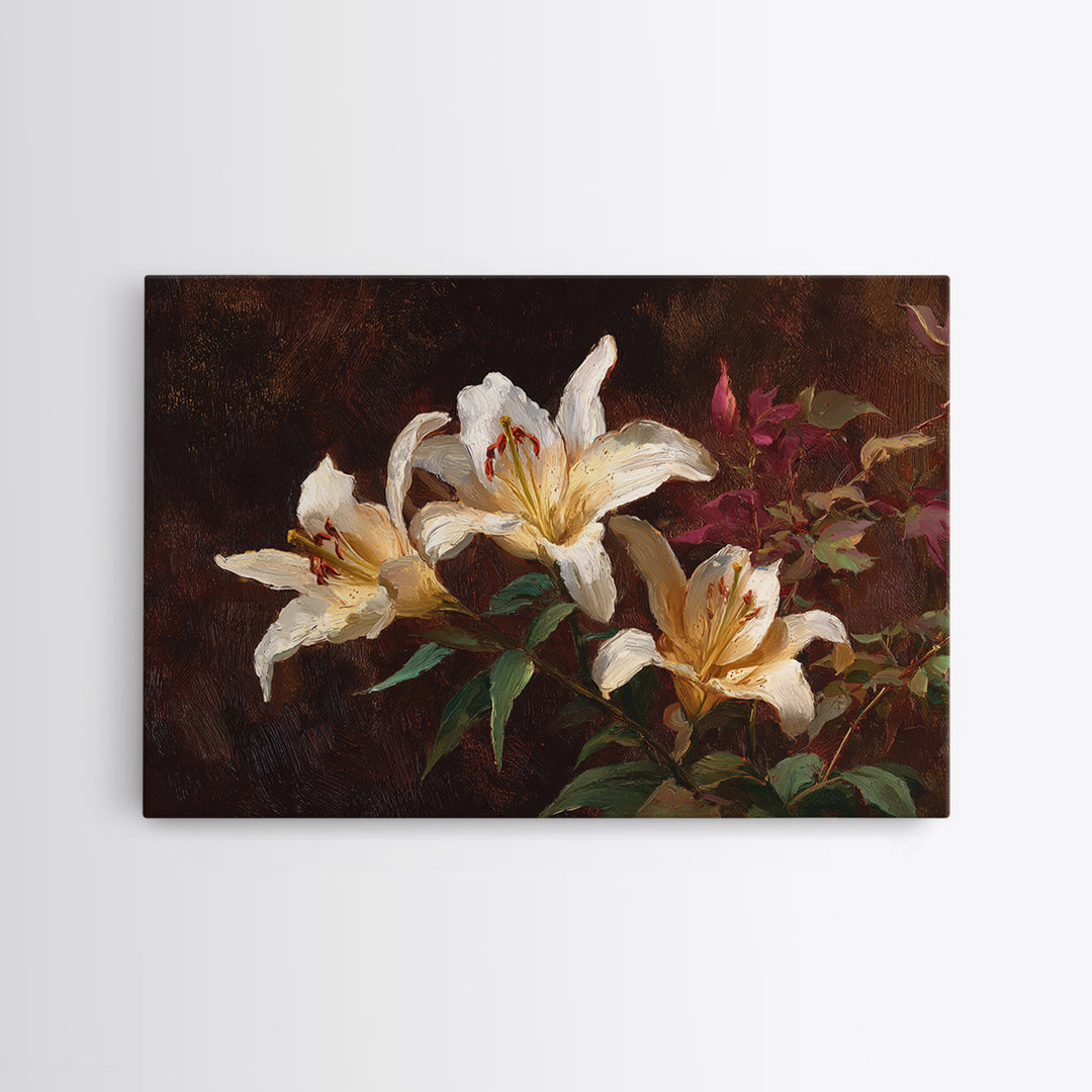 White Lilies on Dark Background Framed Canvas Print, Traditional Art, Digital Print, Living Room Decor, Oil Painting, Classic, TRA-3x2-91