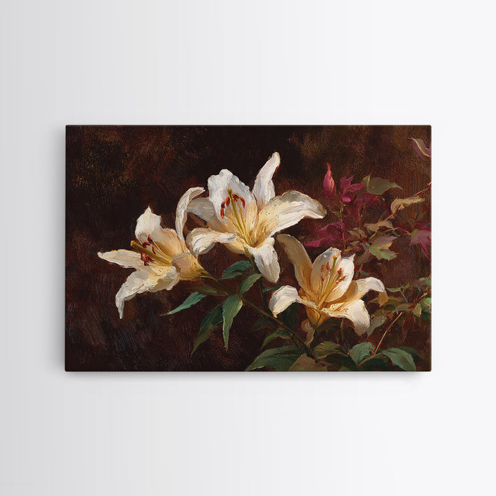 White Lilies on Dark Background Framed Canvas Print, Traditional Art, Digital Print, Living Room Decor, Oil Painting, Classic, TRA-3x2-91