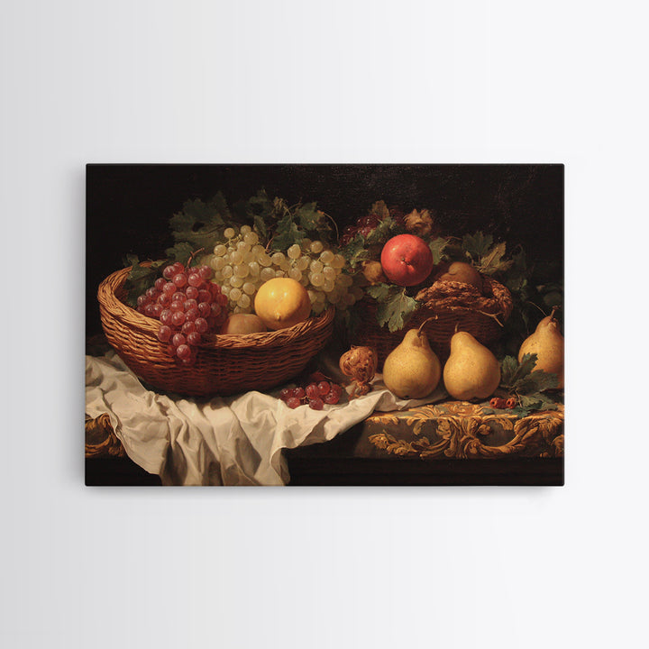 Basket of Apples and Pears on Linen Canvas Print, Traditional Art, Landscape, Living Room Decor, Fine Art, Classic, TRA-3x2-94
