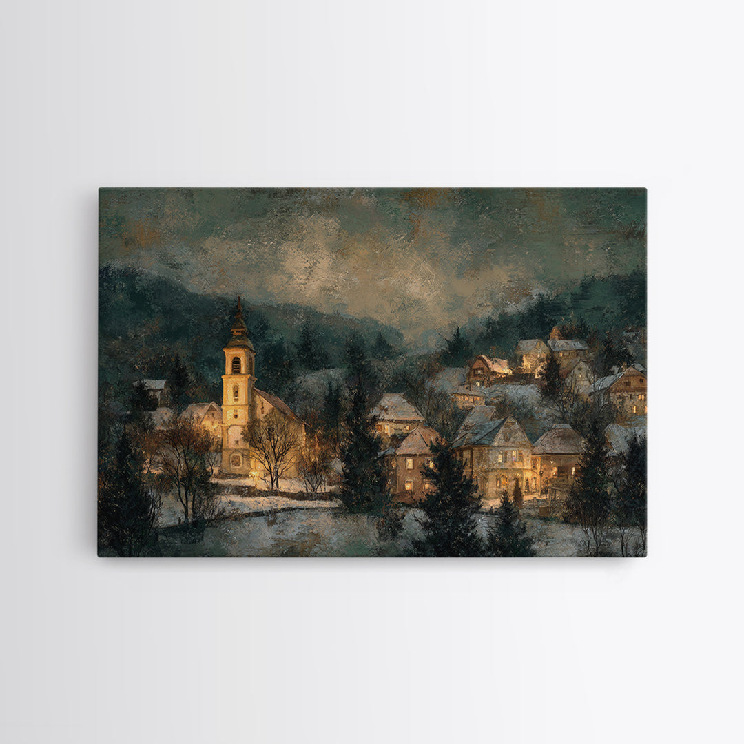 Snowy Village Landscape at Twilight Framed Canvas Print, Traditional Art, Art Commission, Living Room Decor, Fine Art, Classic, TRA-3x2-95