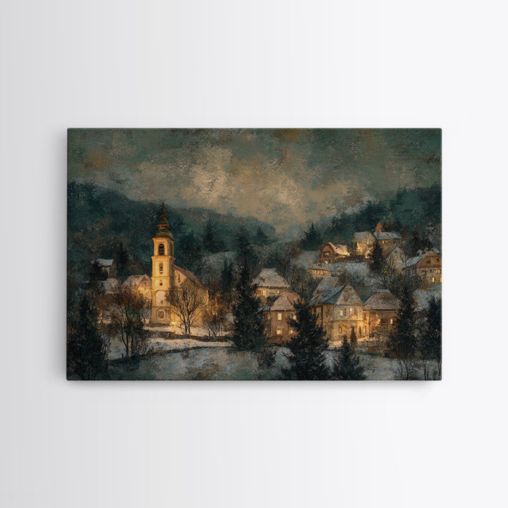 Snowy Village Landscape at Twilight Framed Canvas Print, Traditional Art, Art Commission, Living Room Decor, Fine Art, Classic, TRA-3x2-95