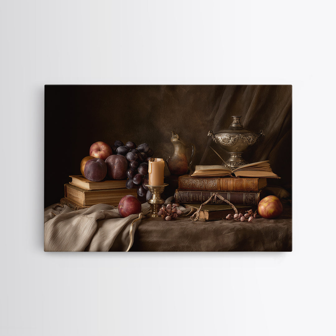 Still Life of Books Candle and Fruit Framed Canvas Print, Traditional Art, Painting, Living Room Decor, Fine Art, Classic, TRA-3x2-96