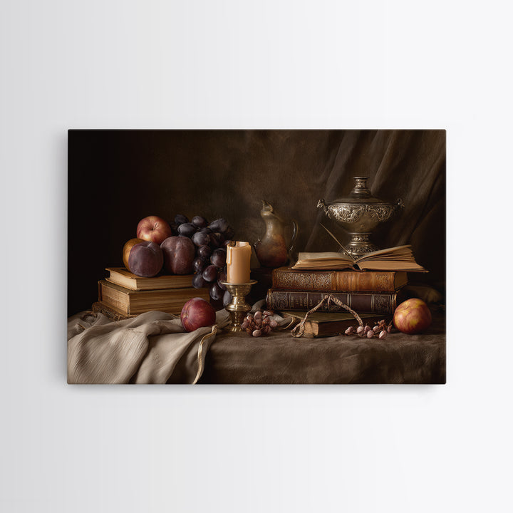 Still Life of Books Candle and Fruit Framed Canvas Print, Traditional Art, Painting, Living Room Decor, Fine Art, Classic, TRA-3x2-96