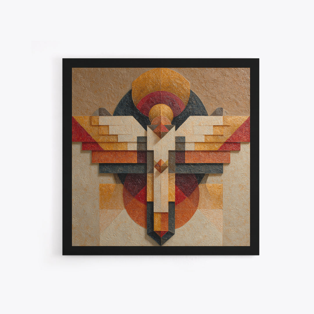Eagle Totem with Feathers and Geometric Shapes Framed Canvas Print, Tribal Art, Tribal Design, Living Room Decor, Tribal, TRI-1x1-84