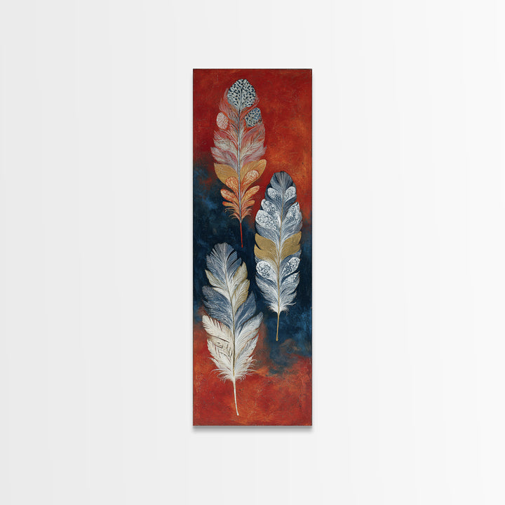 Feather Arrangement with Red Ochre Background Canvas Print, Tribal Art, Neutral Decor, Living Room Decor, Oil Painting, Tribal, TRI-1x3-55