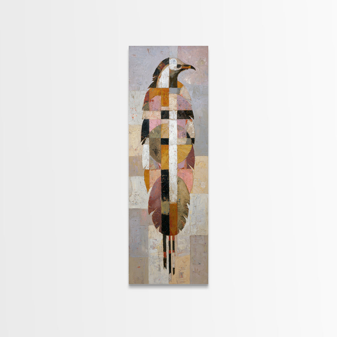 Eagle Totem with Feathers and Geometric Shapes Framed Canvas Print, Tribal Art, Statement Artwork, Living Room Decor, Tribal, TRI-1x3-96
