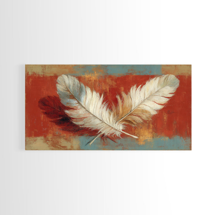 Feather Arrangement with Red Ochre Background Framed Canvas Print, Tribal Art, Living Room Decor, Watercolor Art, Tribal, TRI-2x1-15