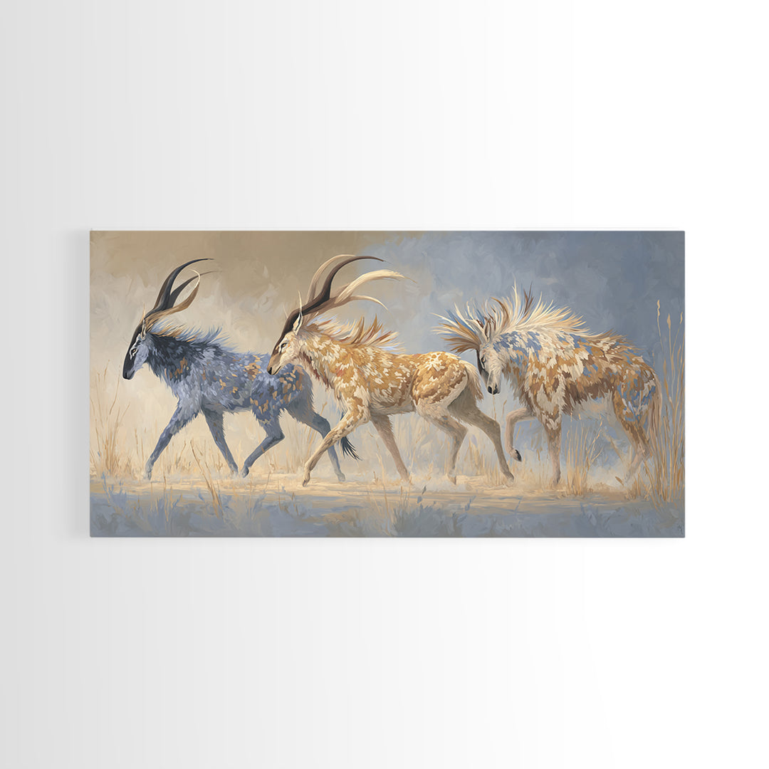 Ancient Cave Art Running Animals Framed Canvas Print, Tribal Art, Gallery Wall Art, Living Room Decor, Watercolor Art, Tribal, TRI-2x1-5