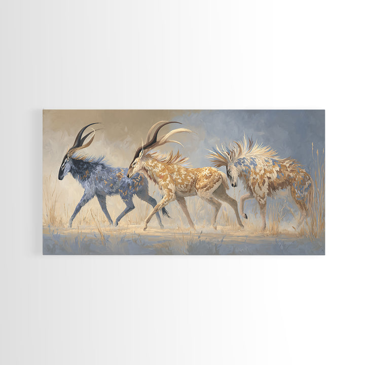 Ancient Cave Art Running Animals Framed Canvas Print, Tribal Art, Gallery Wall Art, Living Room Decor, Watercolor Art, Tribal, TRI-2x1-5