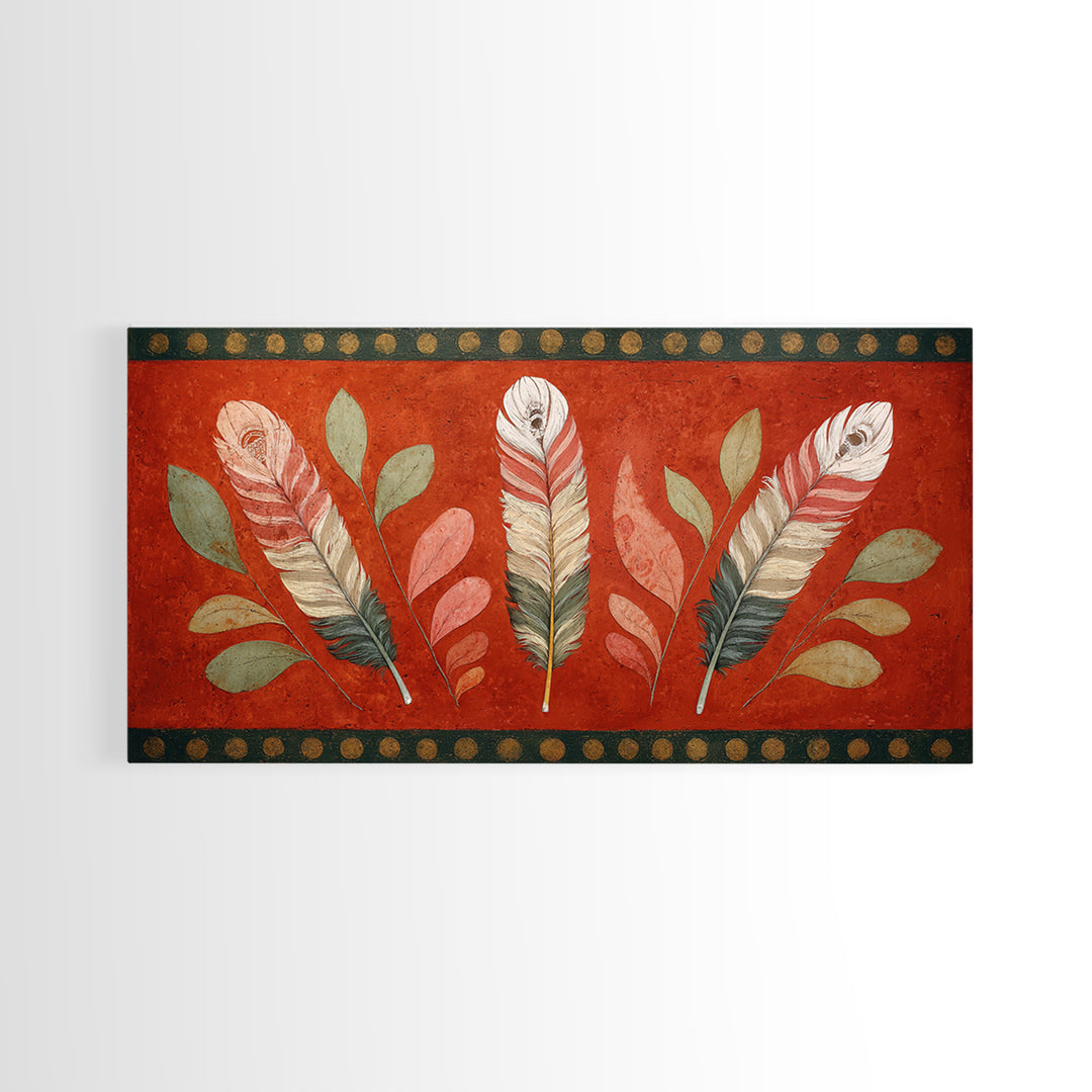 Feather Arrangement with Red Ochre Background Canvas Print, Tribal Art, Black and White Art, Living Room Decor, Tribal, TRI-2x1-63