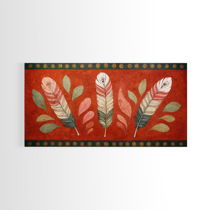 Feather Arrangement with Red Ochre Background Canvas Print, Tribal Art, Black and White Art, Living Room Decor, Tribal, TRI-2x1-63