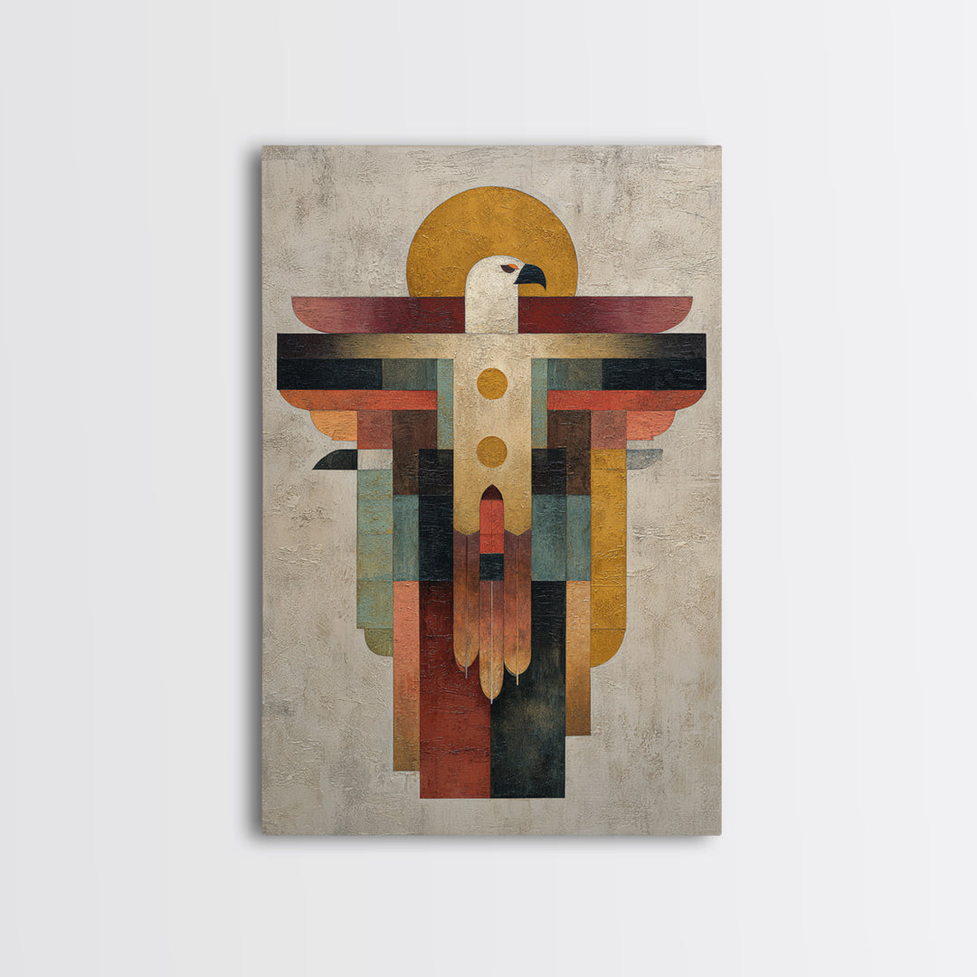 Eagle Totem with Feathers and Geometric Shapes Framed Canvas Print, Tribal Art, Living Room Decor, Abstract Art, Tribal, TRI-2x3-44