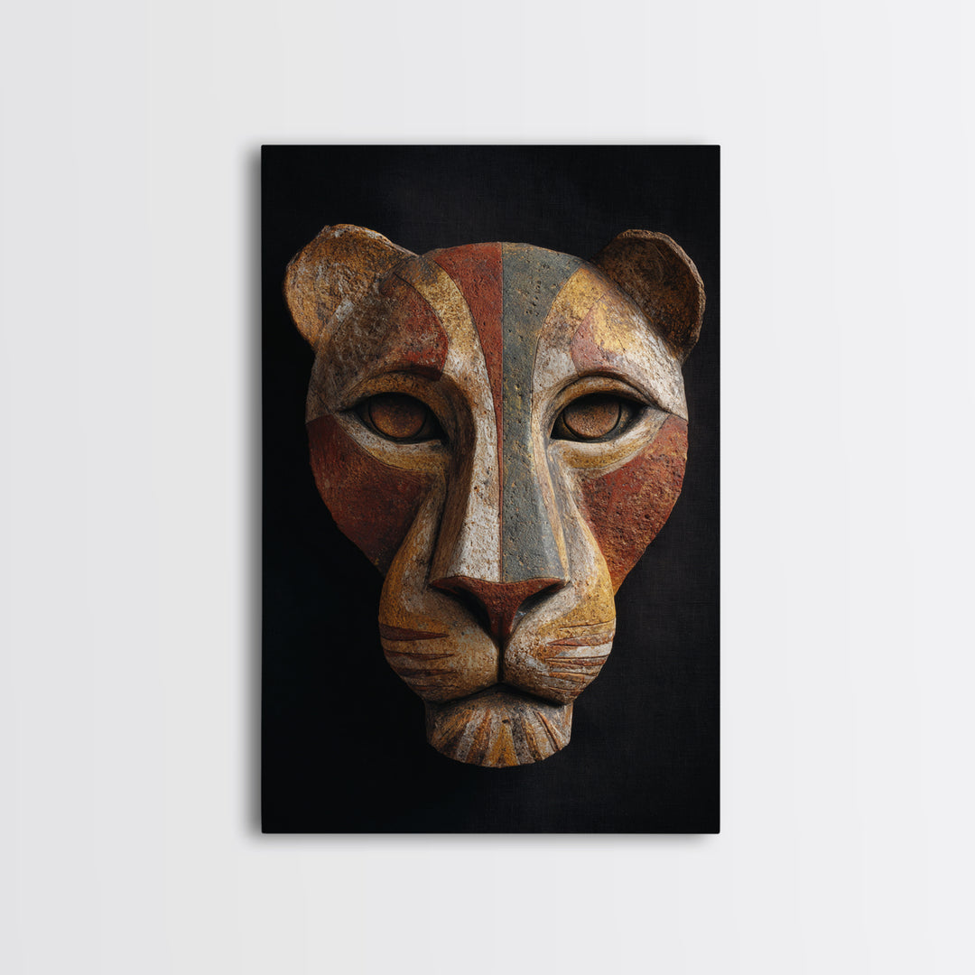 Lion Mask Abstraction Framed Canvas Print, Tribal Art, Boho Wall Decor, Living Room Decor, Abstract Art, Tribal, Fine Art, TRI-2x3-48