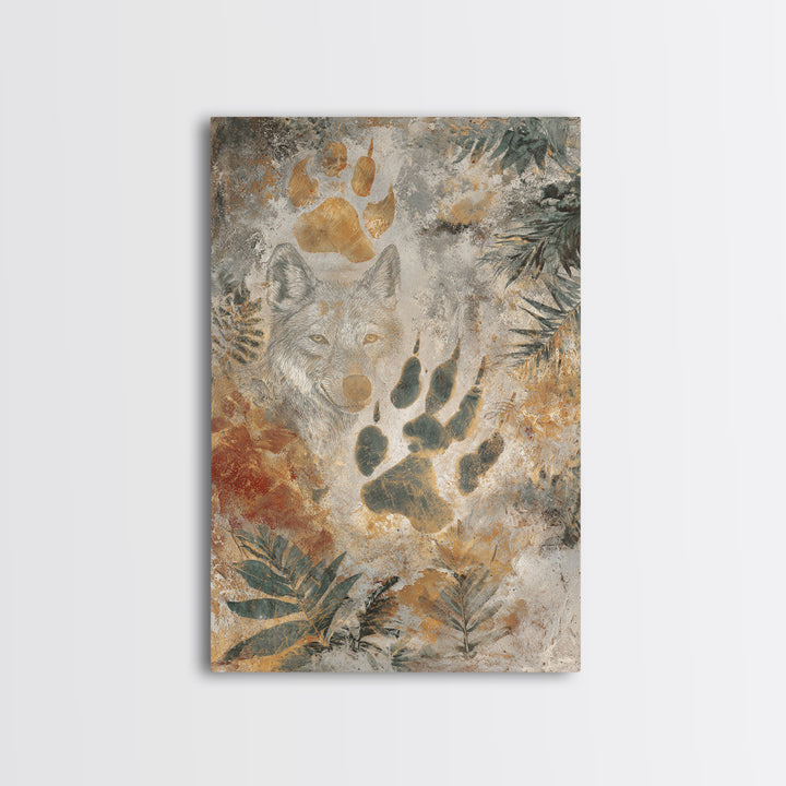Handprint and Animal Track Composition Framed Canvas Print, Tribal Art, Earthy, Living Room Decor, Fine Art, Tribal, TRI-2x3-73