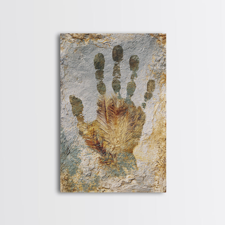 Handprint and Animal Track Composition Framed Canvas Print, Tribal Art, Earthy, Living Room Decor, Fine Art, Tribal, TRI-2x3-97