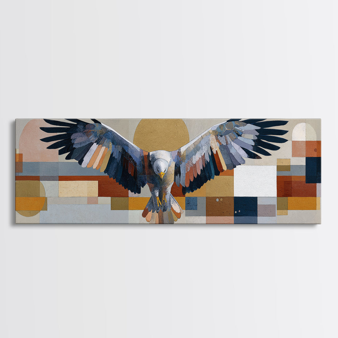 Eagle Totem with Feathers and Geometric Shapes Canvas Print, Tribal Art, Southwestern Decor, Living Room Decor, Abstract Art, TRI-3x1-4