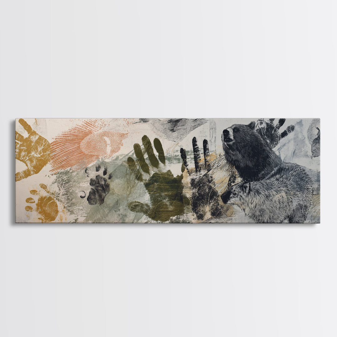 Handprint and Animal Track Composition Framed Canvas Print, Tribal Art, Statement Artwork, Living Room Decor, Fine Art, Tribal, TRI-3x1-57