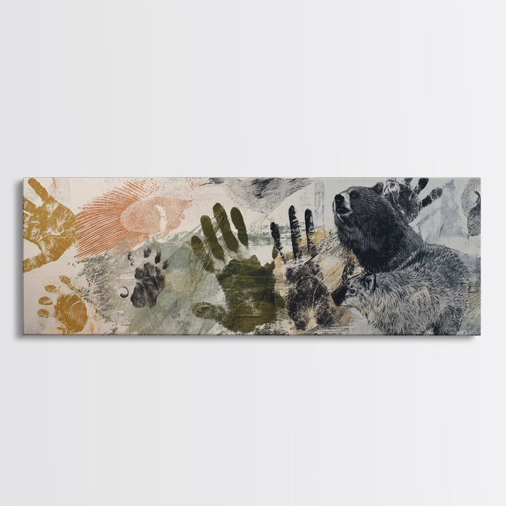 Handprint and Animal Track Composition Framed Canvas Print, Tribal Art, Statement Artwork, Living Room Decor, Fine Art, Tribal, TRI-3x1-57