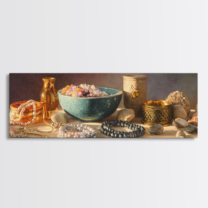 Beaded Jewelry Still Life Framed Canvas Print, Tribal Art, Tribal Design, Living Room Decor, Oil Painting, Tribal, TRI-3x1-74