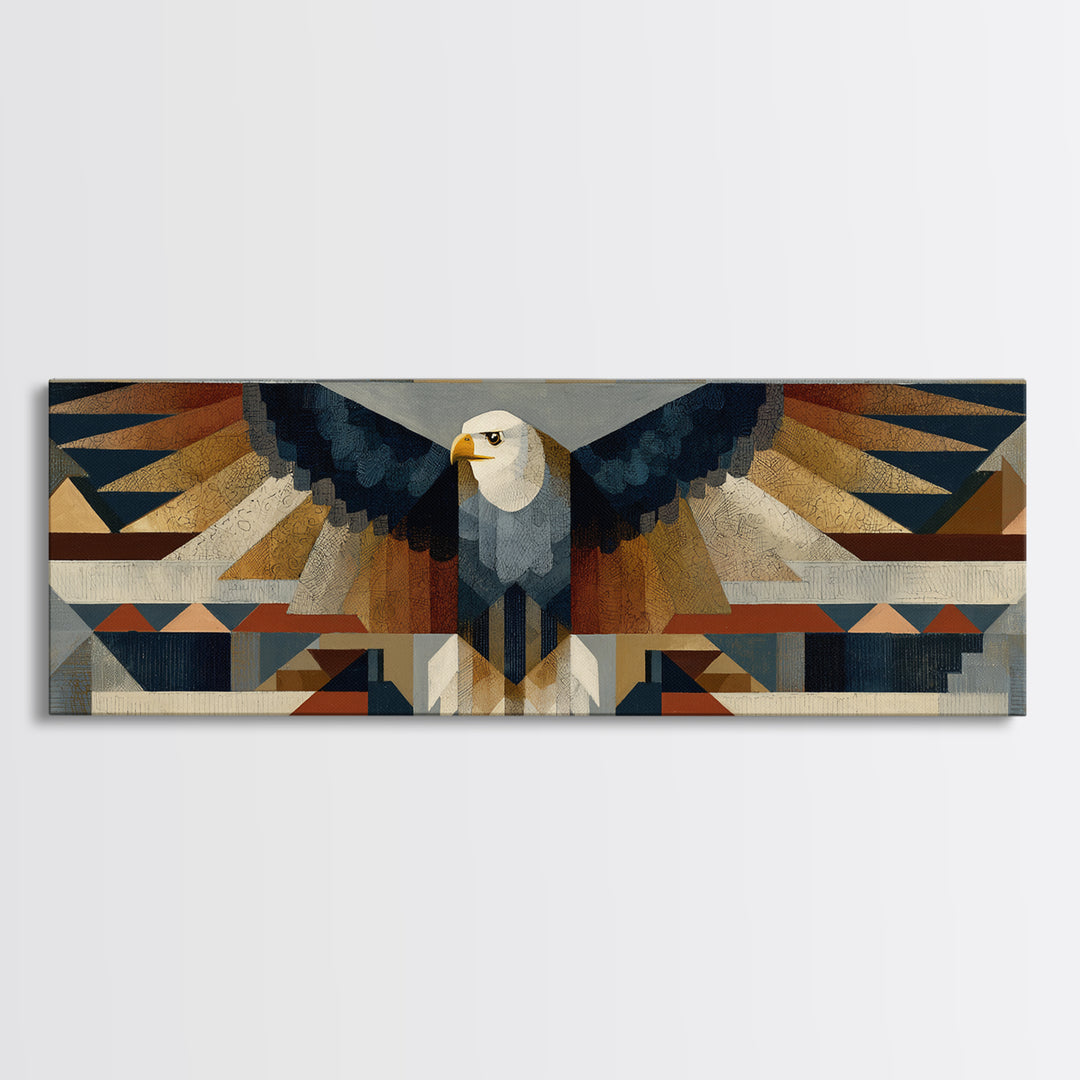 Eagle Totem with Feathers and Geometric Shapes Canvas Print, Tribal Art, Original Painting, Living Room Decor, Fine Art, Tribal, TRI-3x1-76