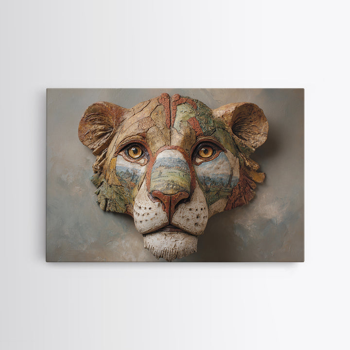 Lion Mask Abstraction Canvas Print, Tribal Art, Textured Painting, Living Room Decor, Abstract Art, Tribal, Unique Wall Art, TRI-3x2-44
