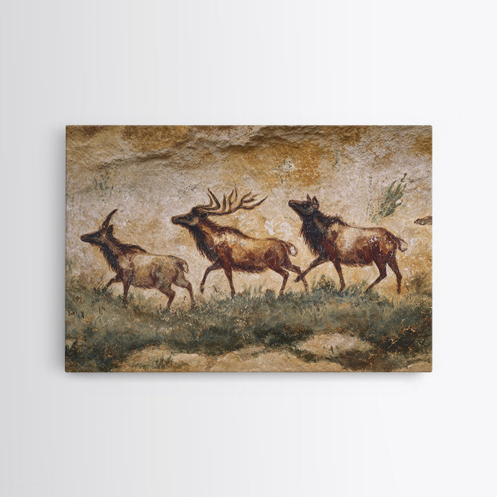 Ancient Cave Art Running Animals Framed Canvas Print, Tribal Art, Wall Art, Living Room Decor, Tribal, Abstract Painting, TRI-3x2-85