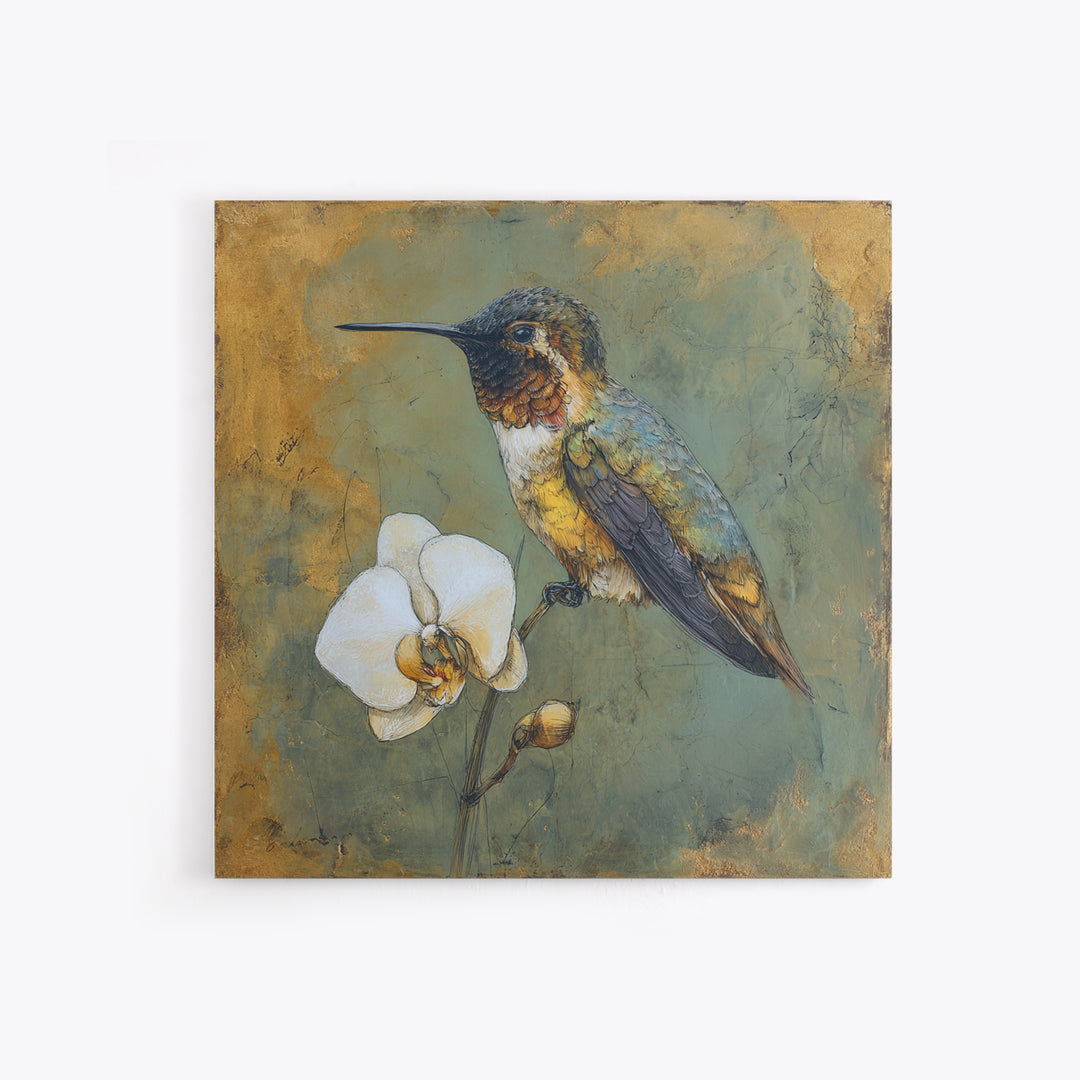 Orchid and Hummingbird Composition Canvas Print, Tropical Art, Trendy Wall Art, Living Room Decor, Tropic, Luxury Decor, TRO-1x1-10