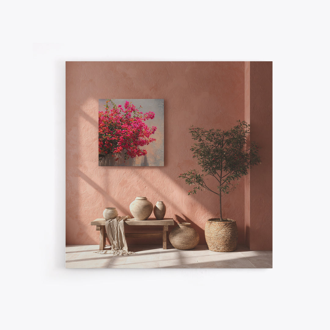 Pink Bougainvillea over White Wall Framed Canvas Print, Tropical Art, Bird Art, Living Room Decor, Watercolor Art, Tropic, TRO-1x1-16
