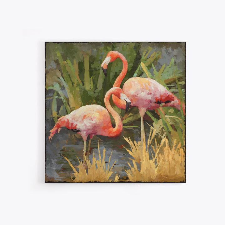 Pink Flamingos Among Tropical Water Plants Framed Canvas Print, Tropical Art, Beach Wall Art, Living Room Decor, Tropic, TRO-1x1-2