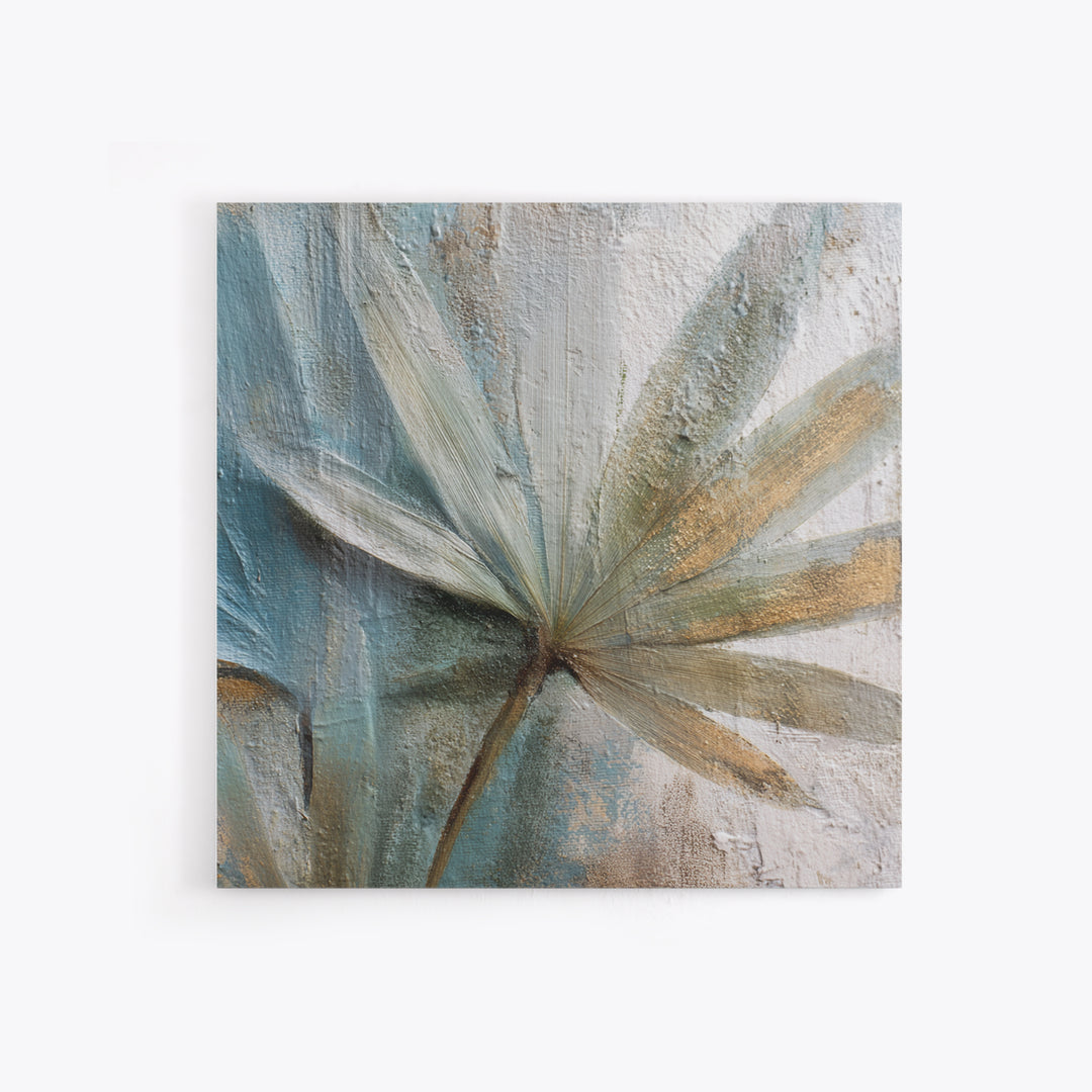Rain Soaked Palm Leaf Closeup Framed Canvas Print, Tropical Art, Neutral Decor, Living Room Decor, Oil Painting, Tropic, TRO-1x1-21