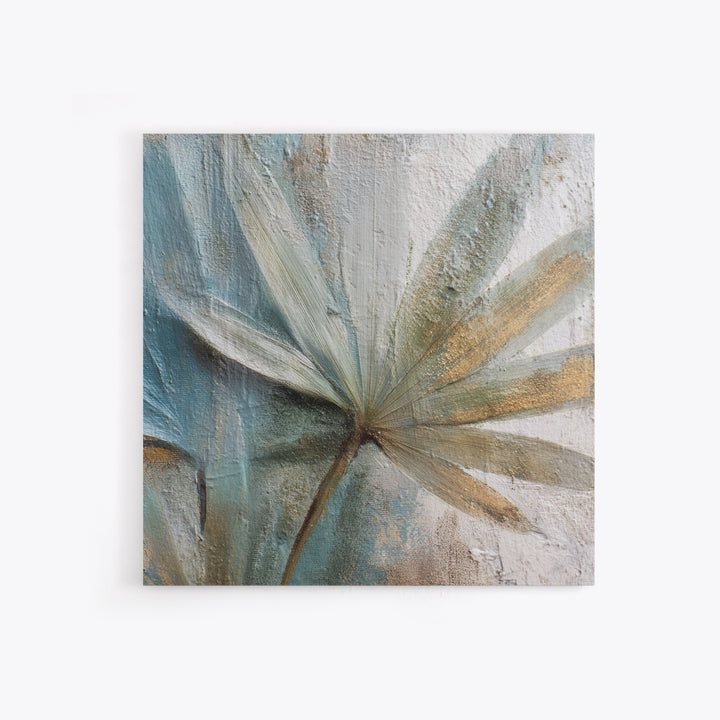 Rain Soaked Palm Leaf Closeup Framed Canvas Print, Tropical Art, Neutral Decor, Living Room Decor, Oil Painting, Tropic, TRO-1x1-21