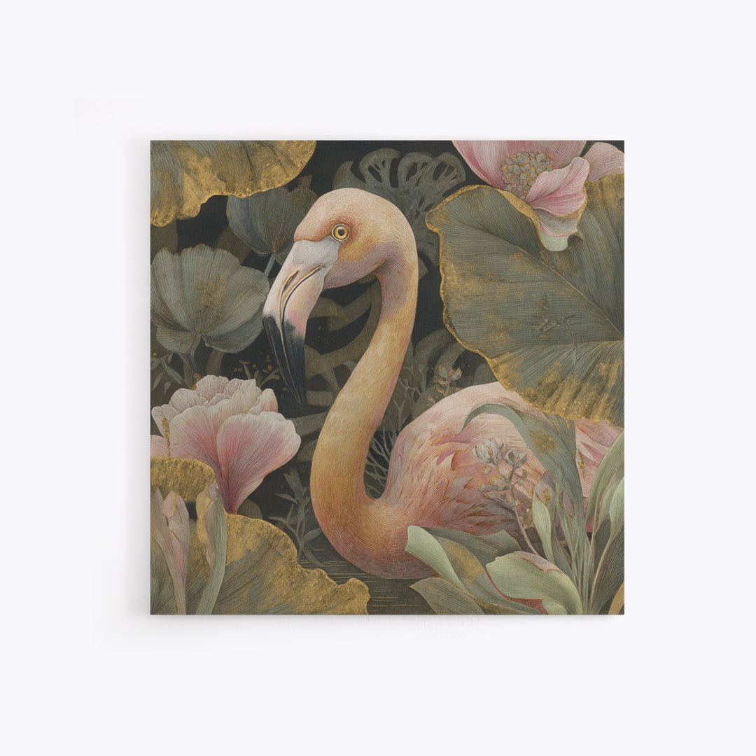 Pink Flamingos Among Tropical Water Plants Canvas Print, Tropical Art, Whimsical Art, Living Room Decor, Fine Art, Tropic, TRO-1x1-26