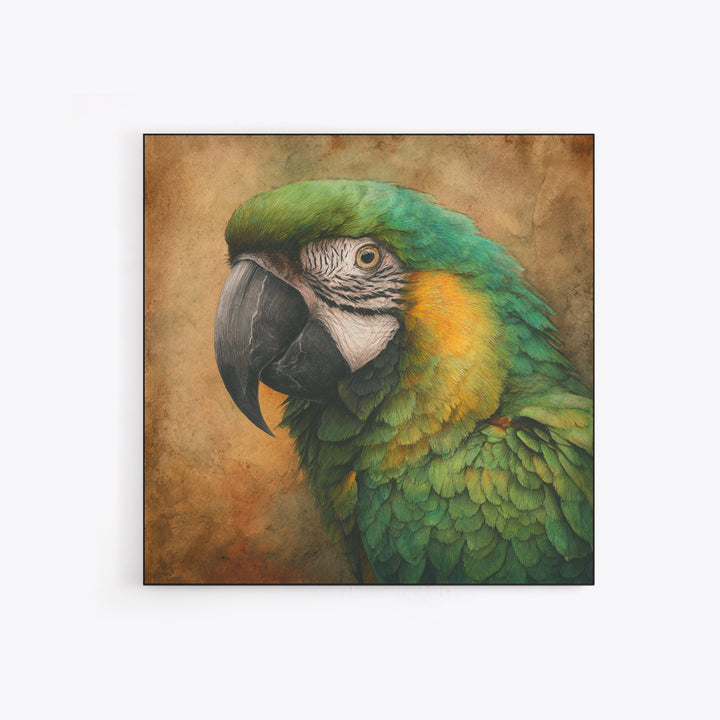 Parrot Portrait with Emerald Feathers Framed Canvas Print, Tropical Art, Gallery Decor, Living Room Decor, Fine Art, Tropic, TRO-1x1-32