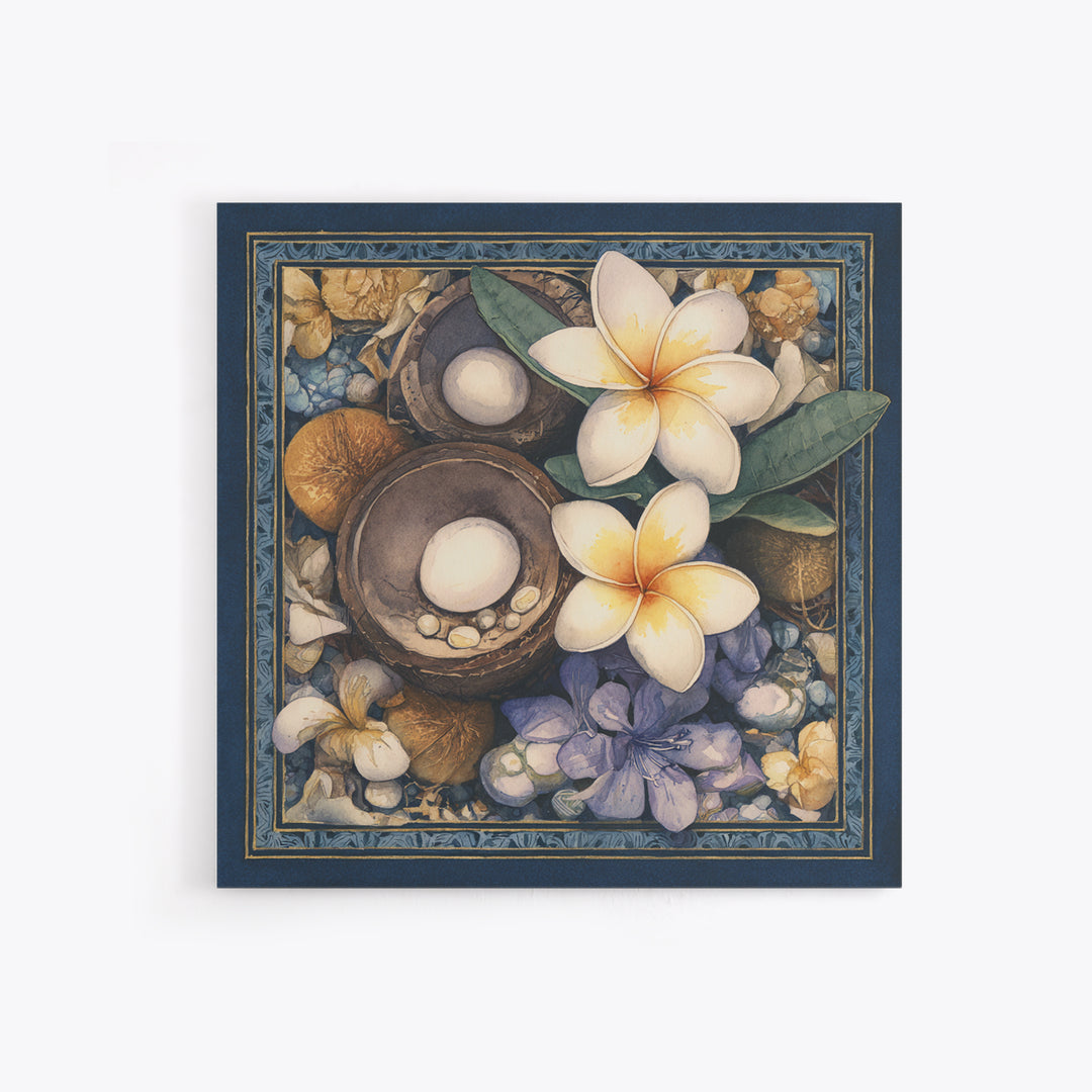 Coconut and Plumeria Still Life Canvas Print, Tropical Art, Printable Wall Art, Living Room Decor, Watercolor Art, Tropic, TRO-1x1-36