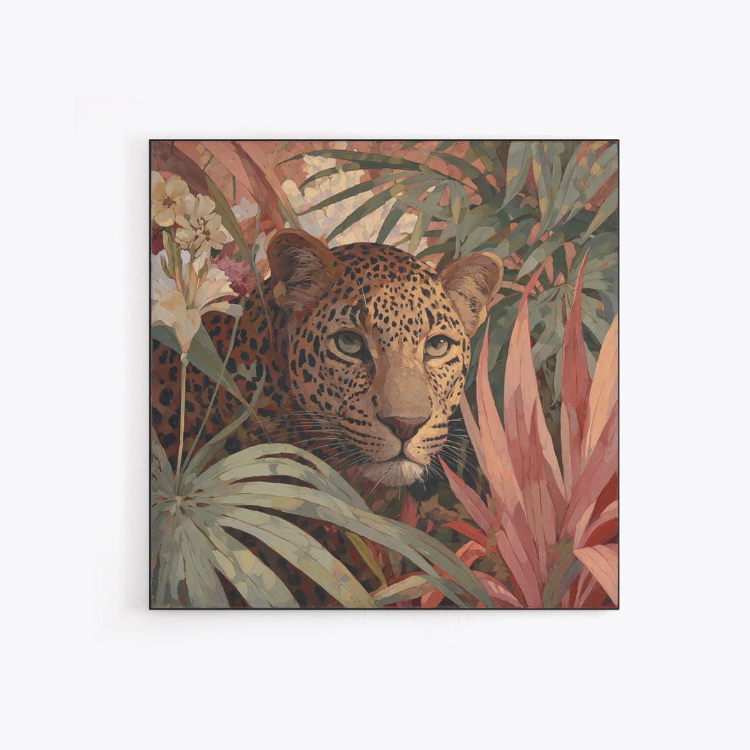 Leopard Hidden Among Palm Leaves Framed Canvas Print, Tropical Art, Gallery Decor, Living Room Decor, Fine Art, Tropic, TRO-1x1-38
