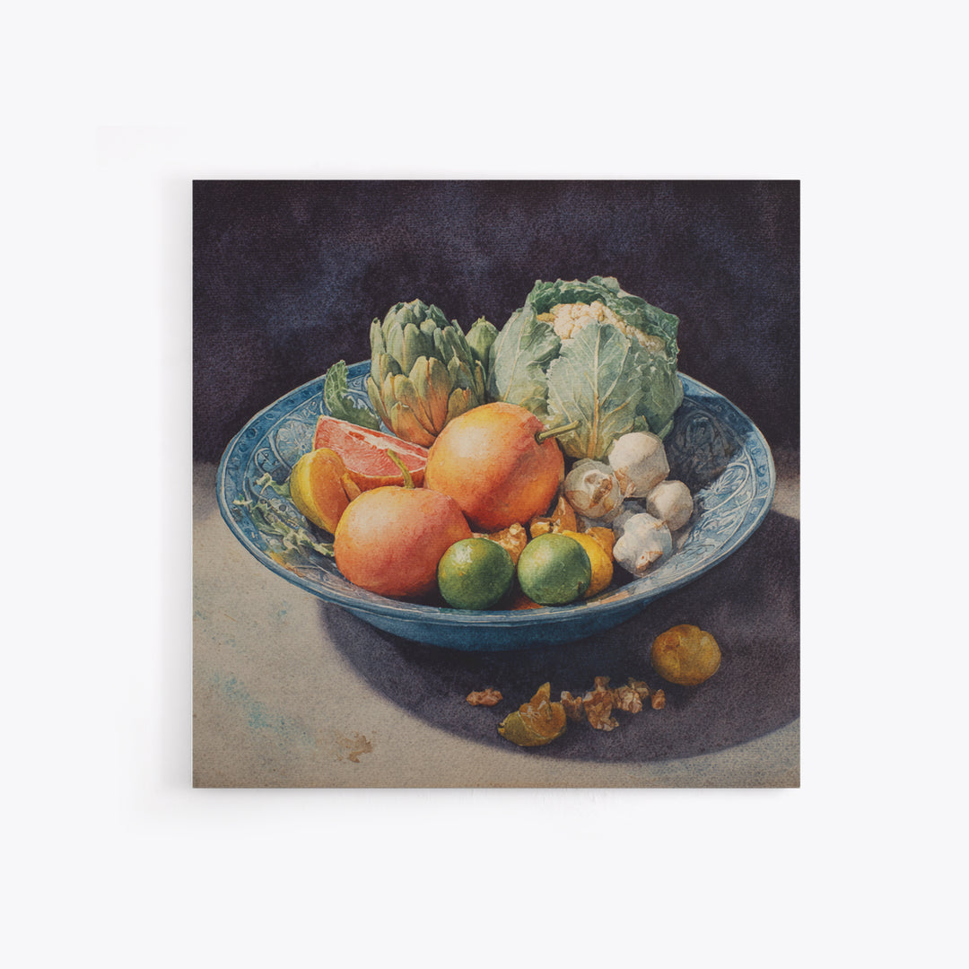 Bright Papaya and Lime Still Life Framed Canvas Print, Tropical Art, Decor, Living Room Decor, Fine Art, Tropic, Bird Art, TRO-1x1-48