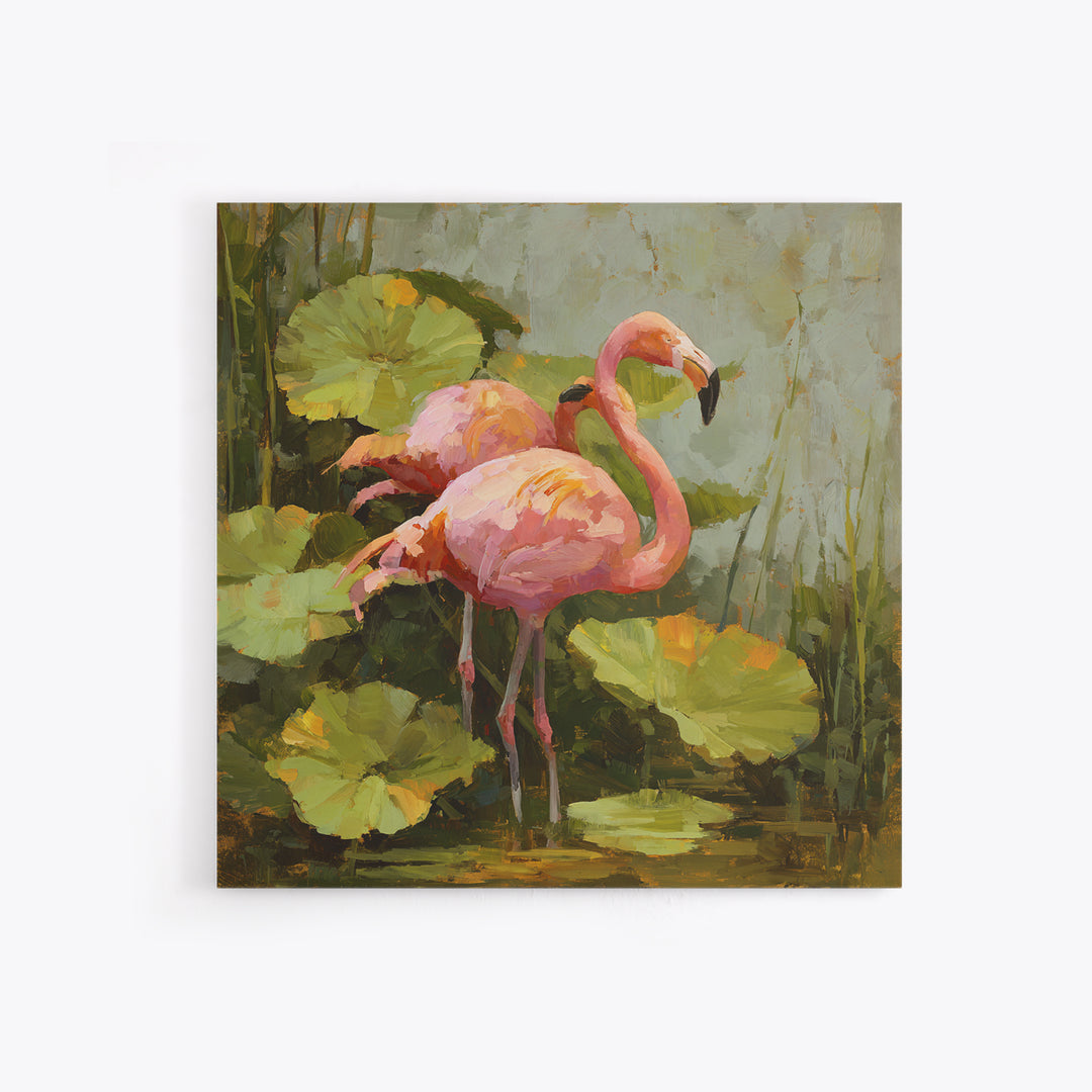 Pink Flamingos Among Tropical Water Plants Canvas Print, Tropical Art, Whimsical Art, Living Room Decor, Fine Art, Tropic, TRO-1x1-50