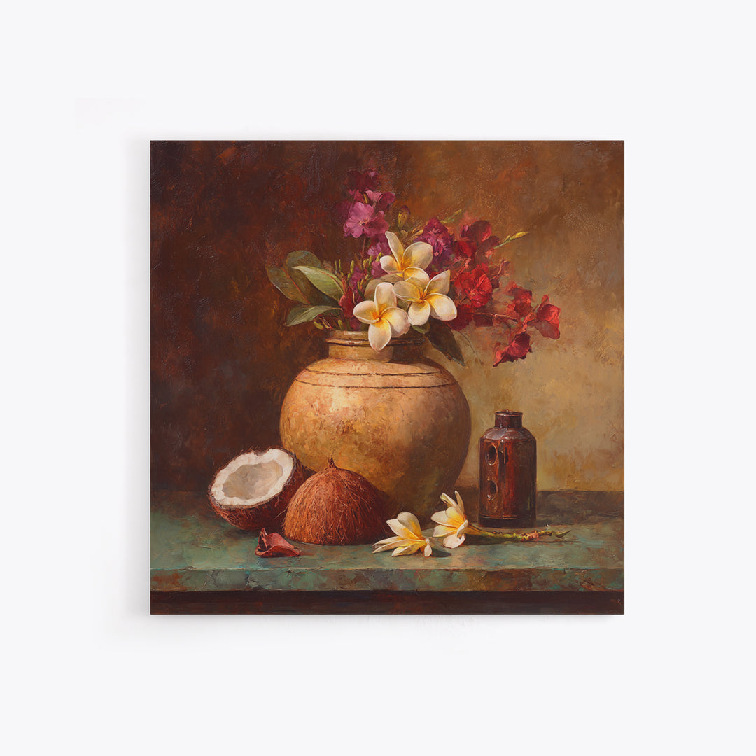 Coconut and Plumeria Still Life Canvas Print, Tropical Art, Coastal Decor, Living Room Decor, Fine Art, Tropic, Modern Decor, TRO-1x1-60