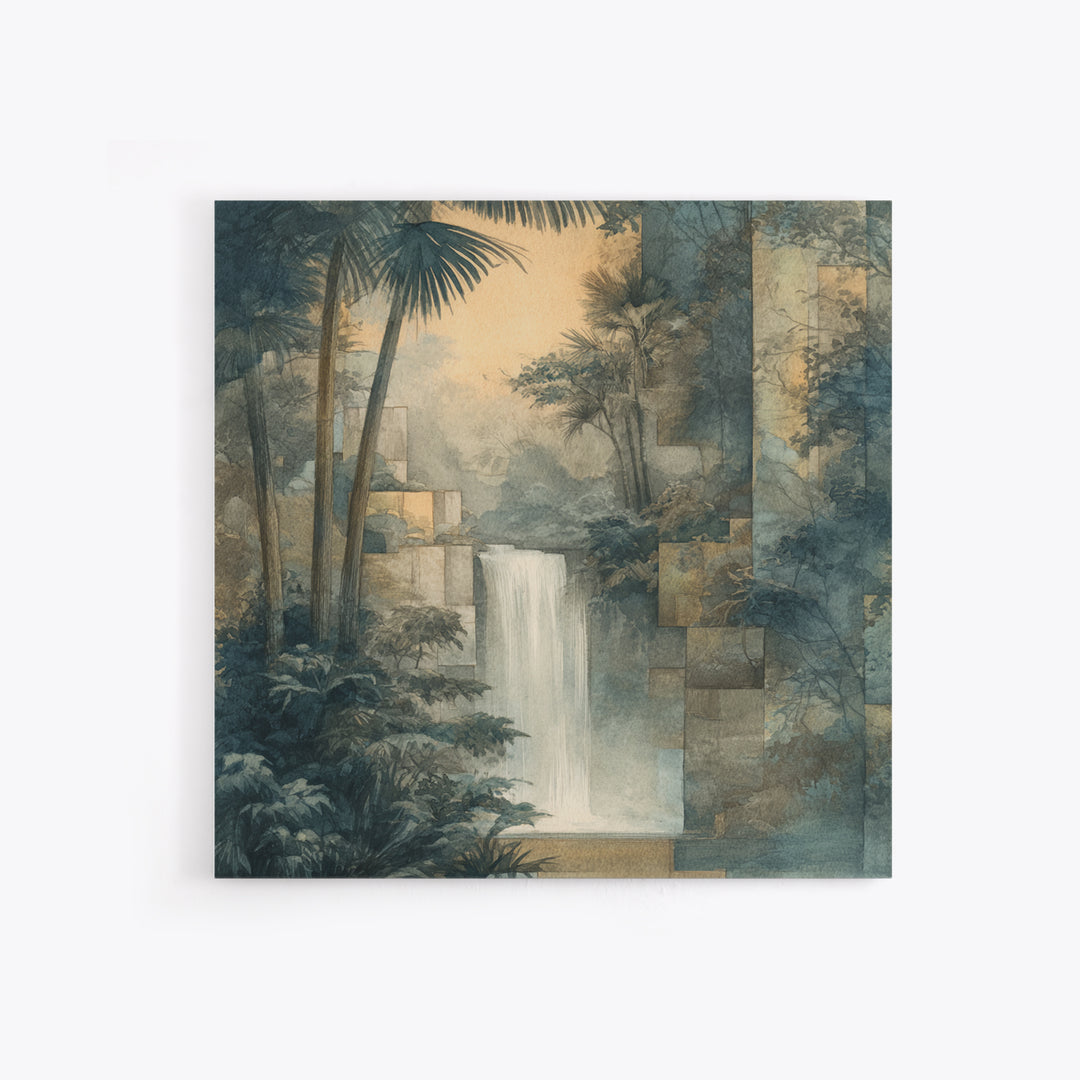 Jungle Waterfall with Misty Light Framed Canvas Print, Tropical Art, Boho Decor, Living Room Decor, Oil Painting, Tropic, TRO-1x1-61
