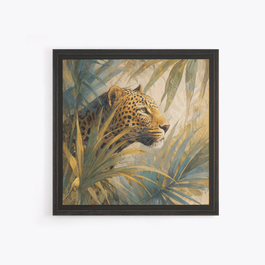 Leopard Hidden Among Palm Leaves Framed Canvas Print, Tropical Art, Gallery Decor, Living Room Decor, Fine Art, Tropic, TRO-1x1-62