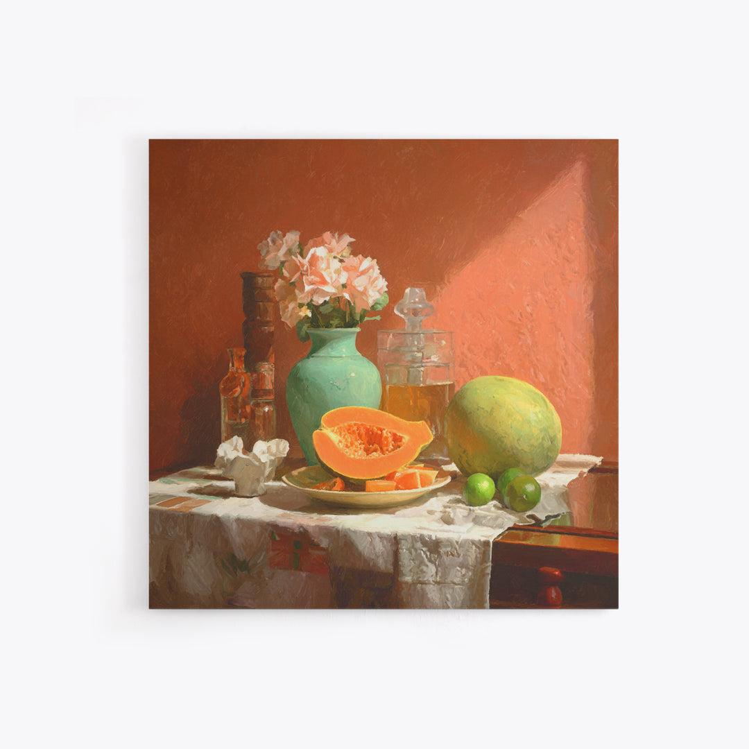Bright Papaya and Lime Still Life Framed Canvas Print, Tropical Art, Beach Print, Living Room Decor, Abstract Art, Tropic, TRO-1x1-72